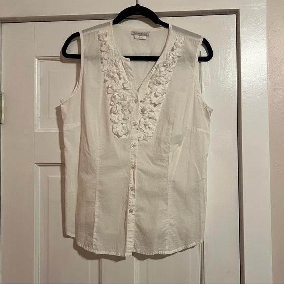 Van Heusen Tops - #183 Van Hausen Studio White Button Up Tank with a Floral Ruffle Medium